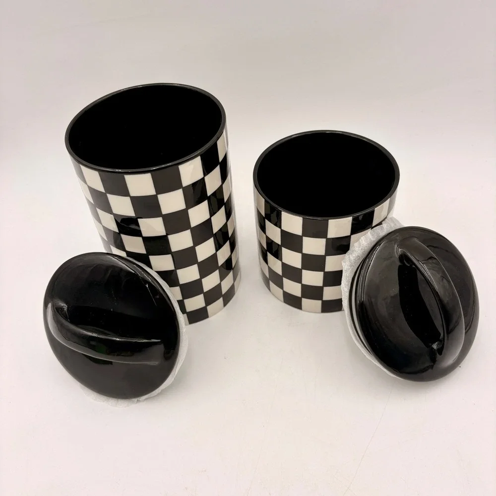 Potters Studio Black White Checkered Ceramic Canister Set 2‎ Piece Courtly Check
